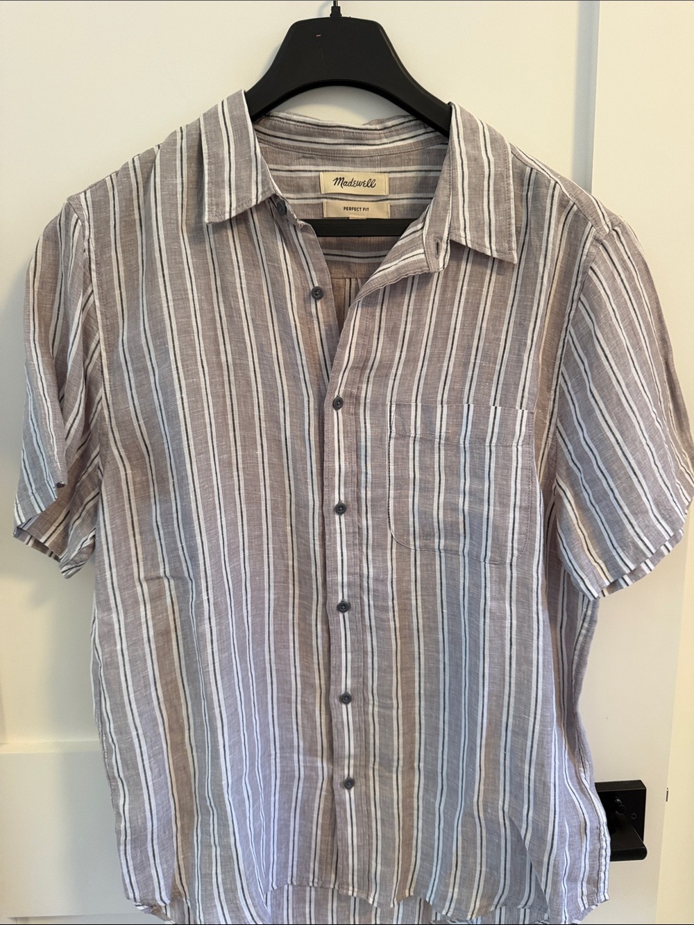 Madewell Men's Gray and White Linen Striped Short-Sleeve Button-Down Shirt
